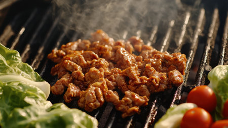 Juicy grilled meat sizzles on a barbecue grill, surrounded by fresh lettuce and vibrant tomatoes. Perfect for summer meals and outdoor gatherings.の素材
