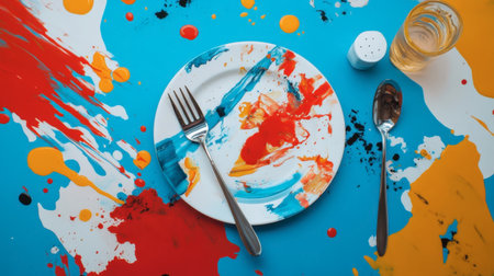 This creative image features a colorful plate set against a vibrant splash background. The playful use of paint adds an artistic touch, making it ideal for creative dining concepts.の素材