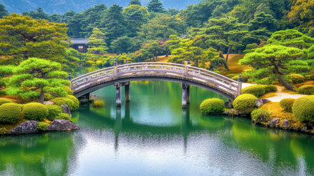A beautiful Japanese garden featuring a graceful wooden bridge over still water, surrounded by lush greenery and tranquil scenery, perfect for relaxation.の素材