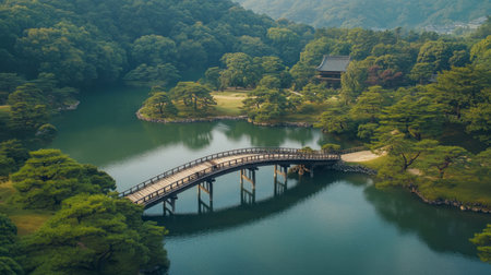 Discover a tranquil Japanese garden featuring a beautiful wooden bridge over a serene lake, surrounded by lush greenery and reflective water. Perfect for peaceful contemplation.の素材