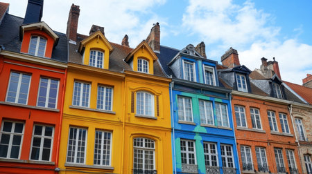 Explore the vibrant facades of historic buildings showcasing colorful designs under a bright blue sky. A perfect representation of urban architecture.の素材