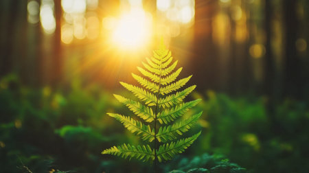 A radiant fern glows under warm sunlight in a serene forest setting, capturing the essence of natureの素材