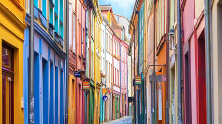 Explore a charming European alleyway lined with vibrant, colorful buildings, showcasing unique architectural styles and inviting atmosphere perfect for strolls.の素材