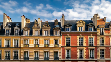 Beautiful view of historic building facades showcasing vibrant colors under a soft blue sky. Architectural details and patterns highlight urban charm.の素材