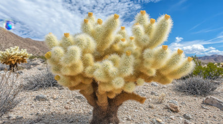 A captivating cholla cactus displays its soft spines in a desert setting, surrounded by rocky terrain and a vibrant sky. Ideal for nature lovers.の素材