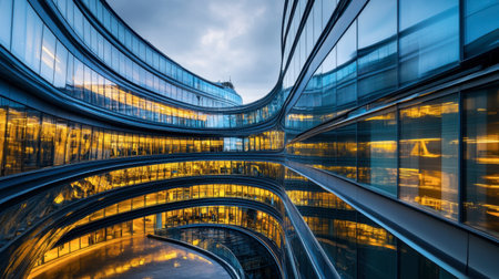 Stunning view of a modern building featuring curved glass architecture, reflecting the ambient light. The structure showcases contemporary design and urban elegance.の素材