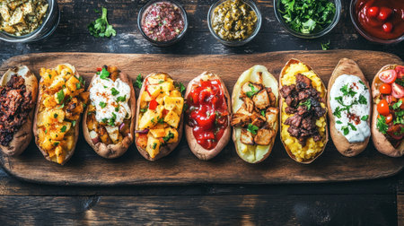 A stunning display of gourmet stuffed baked potatoes on a rustic wooden board, showcasing vibrant toppings and fresh ingredients for a delightful dining experience.の素材