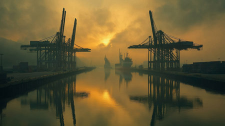 A breathtaking sunset casts a golden hue over an industrial port, with towering cranes silhouetted against the dramatic sky. The still water reflects this serene scene, creating a peaceful ambiance in a busy setting.の素材