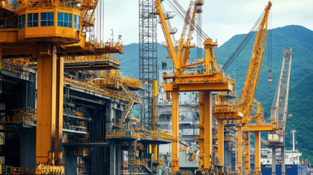 A detailed view of an industrial port featuring large yellow cranes and various machinery. The setting conveys a busy work environment against a mountainous backdrop.の素材