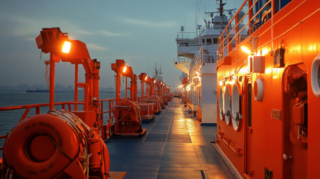 Captivating view of an illuminated ship deck at dusk, featuring warm orange lights along the walkway, reflecting a peaceful marine atmosphere.の素材