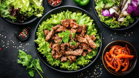 A vibrant plate featuring savory grilled beef served on a bed of fresh lettuce, accompanied by colorful vegetables and a flavorful sauce, perfect for a healthy meal.の素材