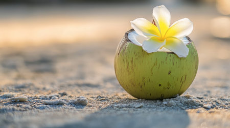 A fresh coconut shell adorned with a beautiful flower sits on a sandy beach at sunset, capturing the essence of tropical relaxation and natural beauty. Perfect for travel themes.の素材