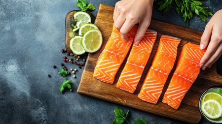Fresh salmon fillets are artfully arranged on a wooden board, accompanied by lemon slices and aromatic herbs, showcasing a vibrant cooking scene.の素材