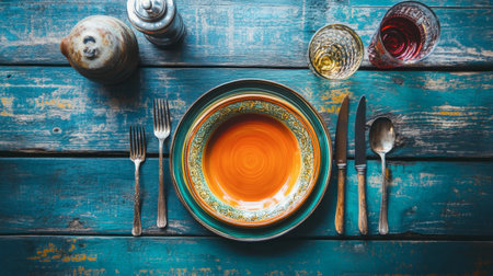A beautifully arranged dinner table features a vibrant orange plate surrounded by silverware and drinkware on a rustic wooden surface.の素材