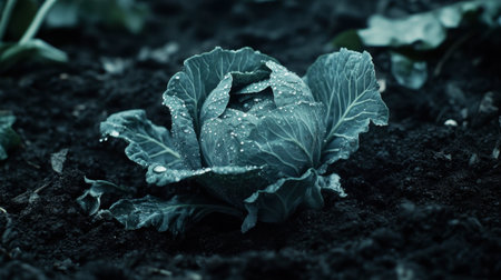 A close-up image of a fresh green cabbage with dew drops resting on its leaves, surrounded by rich soil, symbolizing healthy organic gardening and nature's beauty.の素材