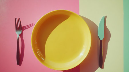 A vibrant table setting featuring a bright yellow plate and elegant cutlery against a pastel background, perfect for stylish dining and culinary presentations.の素材