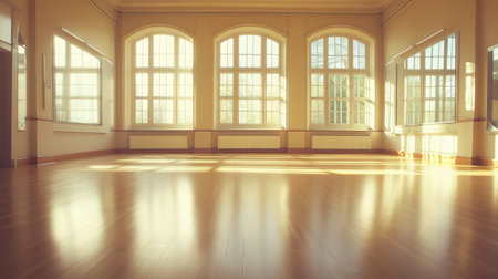 A serene and bright interior space featuring large windows that allow ample sunlight, highlighting the warm wooden floor and soothing atmosphere.の素材