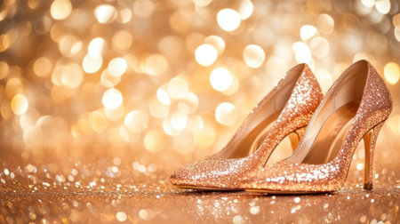 This image showcases elegant high heels adorned with sparkling glitter, set against a soft-focus golden background, perfect for fashion and party themes.の素材