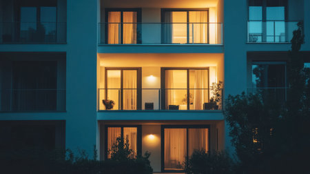 Captivating view of a modern apartment building at dusk, showcasing warm light emanating from the windows. The ambiance evokes comfort and tranquility in urban living.の素材