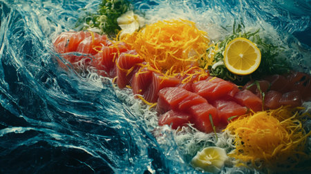 A vibrant seafood platter featuring fresh salmon, citrus slices, and colorful garnishes. Ideal for food photography, restaurant menus, and culinary presentations.の素材