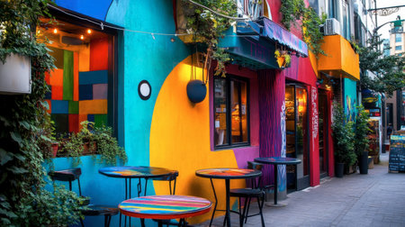 A lively urban cafe showcases vibrant walls and outdoor seating, perfect for social gatherings and relaxation. Bright colors enhance the inviting atmosphere.の素材
