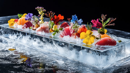 A stunning sushi platter featuring an array of colorful fish garnished with vibrant edible flowers, elegantly presented on ice for a captivating dining experience.の素材