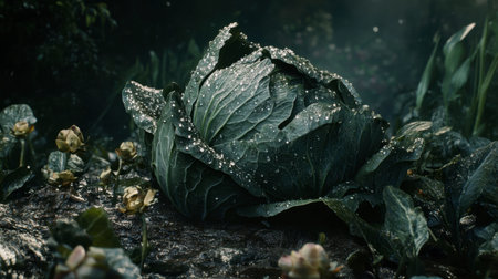 Captivating close-up of fresh green cabbage with glistening water droplets, nestled in rich soil. This image showcases the beauty of natural growth in a garden setting.の素材