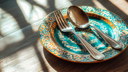 A beautifully crafted vintage plate accompanied by elegant silverware set against a wooden background, illuminated by soft natural light, creates an inviting dining atmosphere.の素材