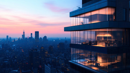 A stunning modern urban apartment showcases sleek design and breathtaking city views at sunset. The stylish interior reflects contemporary living in a vibrant metropolis.の素材
