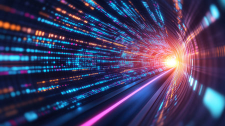 A vibrant digital tunnel showcasing radiant energy and flowing data lines. Bright colors and abstract patterns create a futuristic atmosphere representing motion.の素材