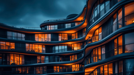 Stunning modern apartment building showcasing a unique curved design. The warm glow from the windows creates an inviting atmosphere at dusk in the urban landscape.の素材