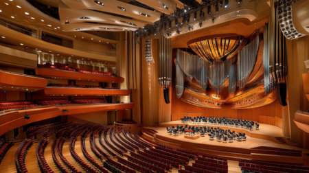 A stunning view of an elegant concert hall interior featuring a grand organ, stage setup, and intricate lighting design. Perfect for music and performance themes.の素材