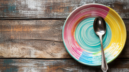 A vibrant, colorful plate featuring a swirling design rests beside a silver spoon on a rustic wooden table, ideal for showcasing culinary creations or as decorative kitchen art.の素材