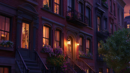 A charming brick apartment building glowing warmly in the evening light. This cozy scene features flowers at the windows and inviting ambiance perfect for portraying urban tranquility.の素材