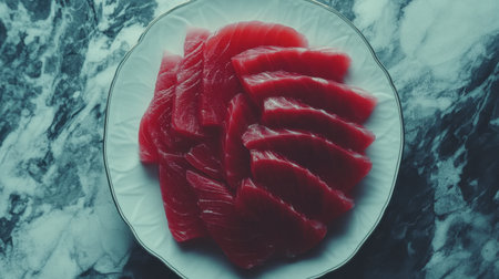A close-up view of elegantly arranged fresh red tuna slices on a white plate. The vibrant color contrasts beautifully with the marble surface, highlighting the gourmet appeal.の素材