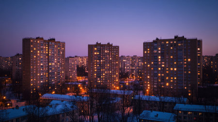 A stunning urban nightscape showcasing residential buildings glowing with lights against a twilight sky. The scene captures the peaceful ambiance of city life during winter evenings.の素材