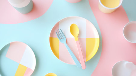 Vibrant table setting showcasing pastel-colored plates, cutlery, and cups. The minimalist design and geometric patterns create a playful and cheerful atmosphere suitable for dining occasions.の素材