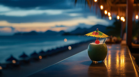 A vibrant tropical cocktail garnished with a colorful umbrella and cherry sits on a beachside bar. The serene sunset creates a perfect atmosphere for relaxation.の素材