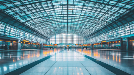A modern airport terminal interior featuring a stunning glass ceiling and reflective floors. The design emphasizes spaciousness and contemporary architecture with a serene atmosphere, perfect for travel enthusiasts.の素材