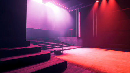 A stunning modern stage design featuring minimalist architectural elements, dramatic lighting in red and purple hues, and an empty performance space.の素材