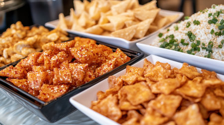 This vibrant snack platter features an assortment of fried treats, crispy bites, and rice, perfect for parties, gatherings, or meals. Enjoy a colorful and delicious spread!の素材