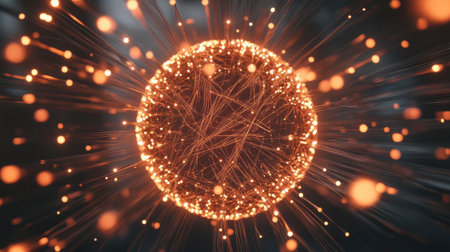 This abstract image features a vibrant sphere of energy, bursting with glowing particles and intricate connections, creating a sense of dynamic motion and illumination.の素材
