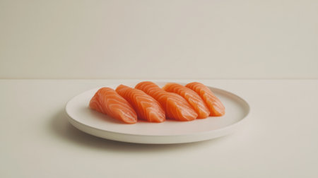 A beautiful arrangement of fresh salmon slices on a minimalist white plate, highlighting the vibrant color and texture of the seafood, perfect for culinary presentations.の素材