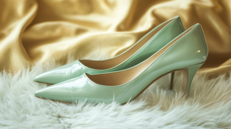Beautiful mint green high heel shoes showcased on a soft white fur background. Perfect for fashion lovers, design enthusiasts, or stylish photography projects.の素材
