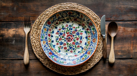A rustic table setting featuring a floral plate surrounded by natural wooden cutlery and a straw mat, perfect for a cozy dining experience.の素材