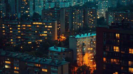 A stunning aerial view showcasing urban apartment buildings at night, illuminated by a warm glow from windows and streetlights, creating a vibrant cityscape.の素材