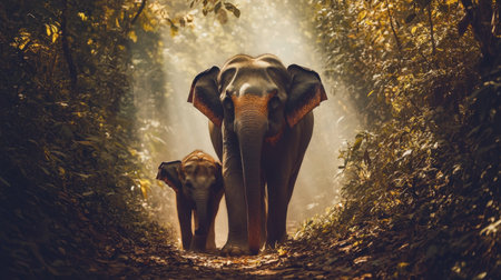 A stunning scene of a mother elephant and her calf journeying through a sunlit forest path, showcasing the beauty of wildlife and nature's wonder.の素材