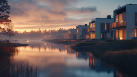 A serene evening scene featuring modern waterfront homes reflecting beautifully on still waters, embraced by soft fog and warm sunset hues. Perfect for promoting relaxation and tranquility.の素材