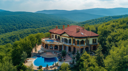 A stunning luxury mansion nestled in a vibrant green forest with a beautiful pool. This serene retreat emphasizes opulence against a backdrop of rolling mountains.の素材