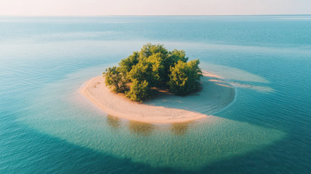 A serene view of a small island embraced by calm blue waters and surrounded by lush green trees, perfect for evoking feelings of tranquility and escape.の素材